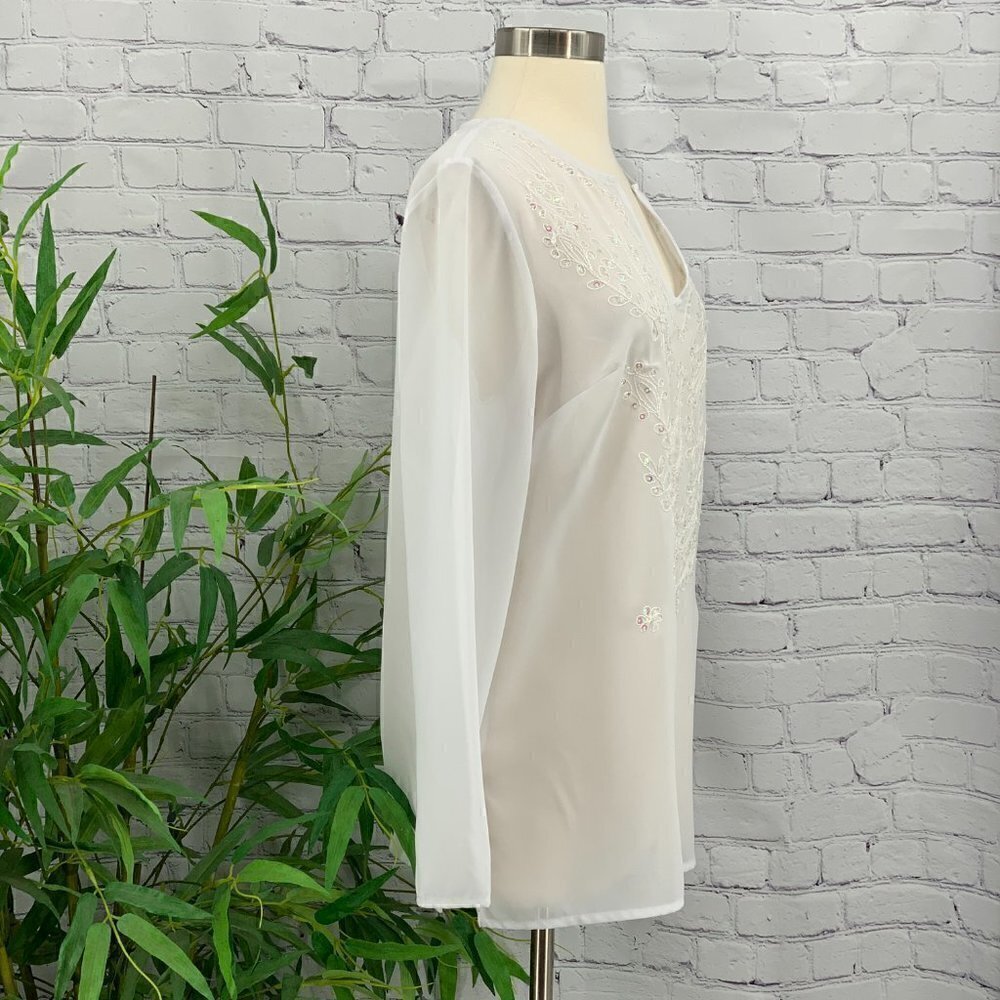 🎉Notations White Sheer Blouse w/ Beading Detail - Picture 3 of 7